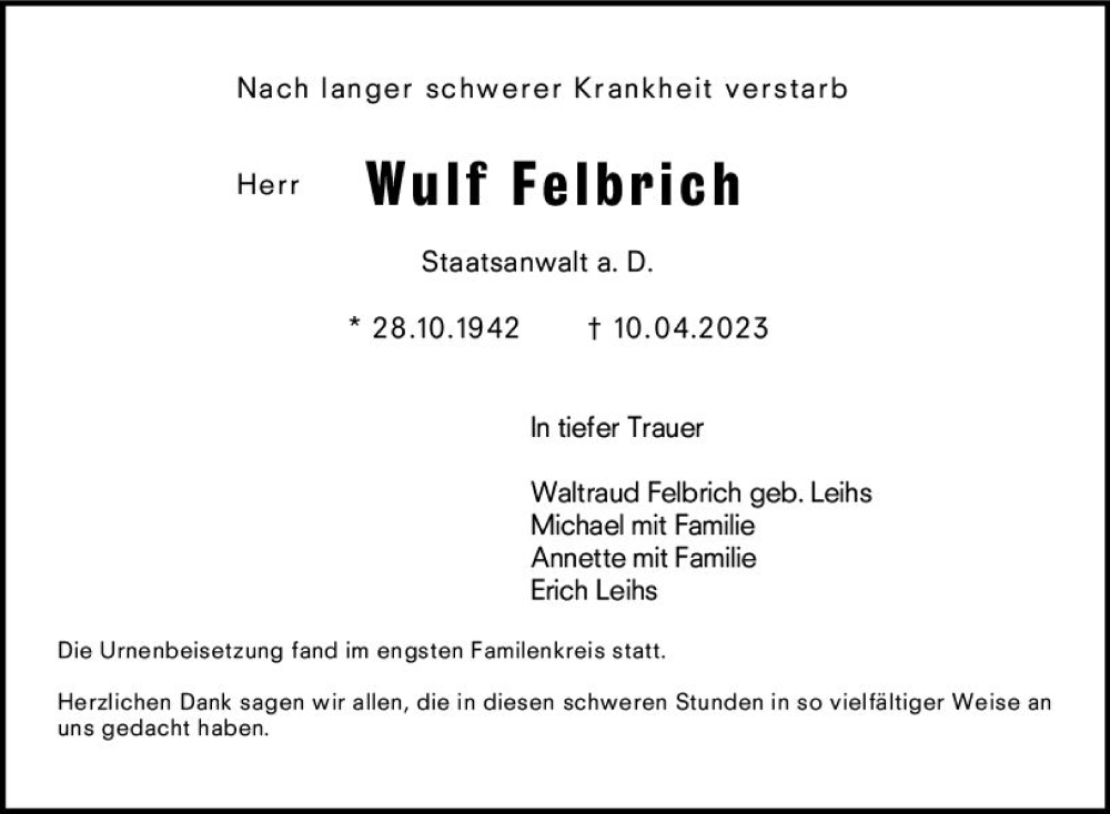  Traueranzeige für Wulf Felbrich vom 27.05.2023 aus Darmstädter Echo