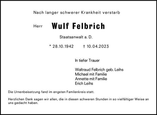 Traueranzeige von Wulf Felbrich von Darmstädter Echo
