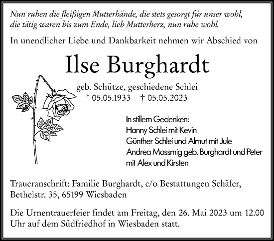 Traueranzeige von Ilse Burghardt von Wiesbadener Kurier