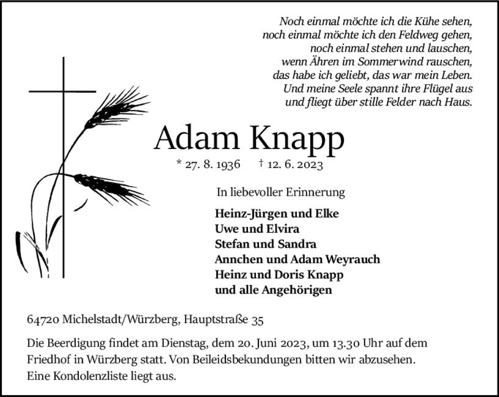  Traueranzeige für Adam Knapp vom 17.06.2023 aus Odenwälder Echo