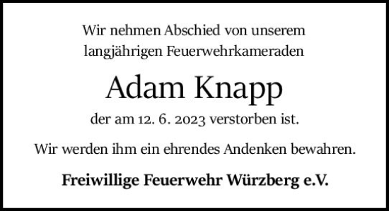 Traueranzeige von Adam Knapp von Odenwälder Echo