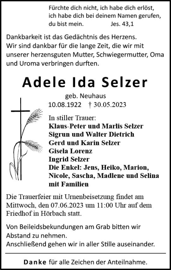 Traueranzeige von Adele Ida Selzer von Dill Block