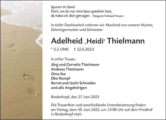 Traueranzeige von Adelheid Thielmann von Hinterländer Anzeiger