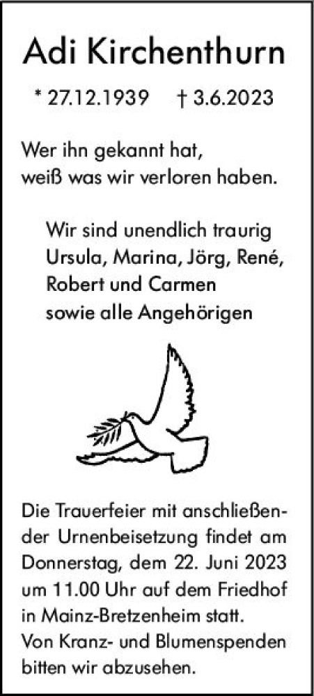 Traueranzeige von Adi Kirchenthurn von Allgemeine Zeitung Mainz