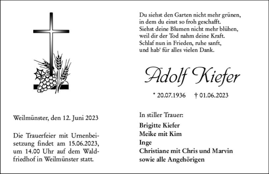 Traueranzeige von Adolf Kiefer von Weilburger Tageblatt