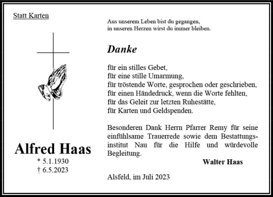 Traueranzeige von Alfred Haas von Oberhessen Kurier