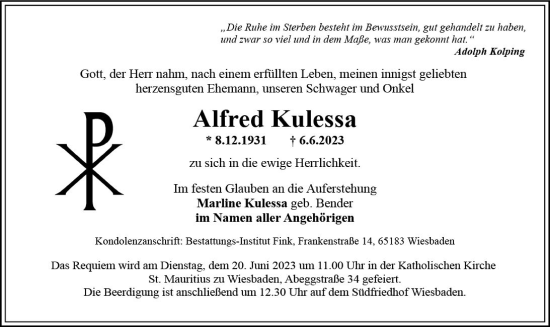 Traueranzeige von Alfred Kulessa von Wiesbadener Kurier
