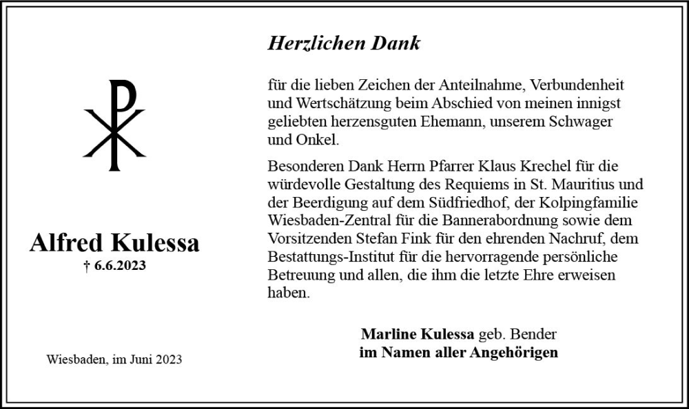  Traueranzeige für Alfred Kulessa vom 01.07.2023 aus Wiesbadener Kurier
