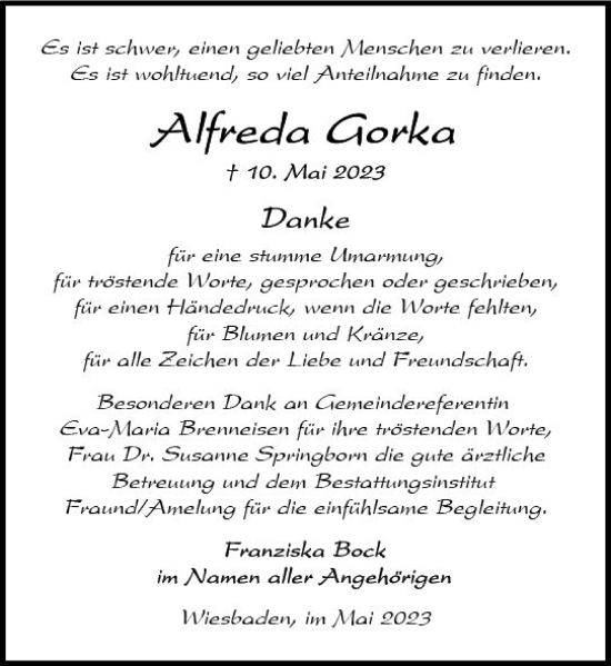 Traueranzeige von Alfreda Gorka von Wiesbadener Kurier