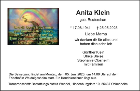 Traueranzeige von Anita Klein von Bingen/Ingelheim WOBL inkl. Neue Binger Ztg.