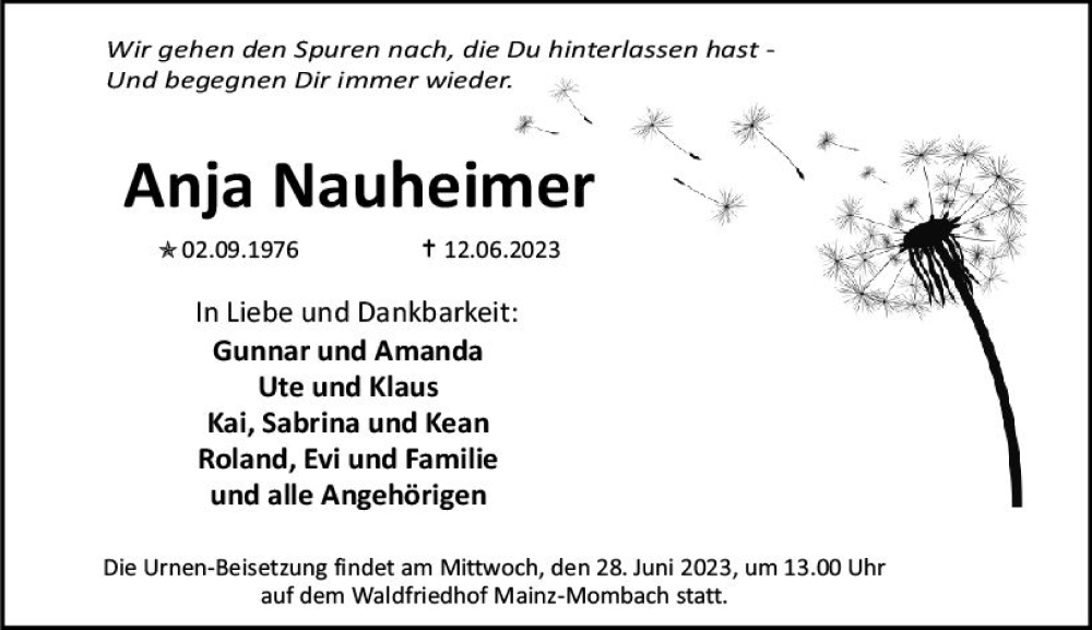  Traueranzeige für Anja Nauheimer vom 24.06.2023 aus Allgemeine Zeitung Mainz