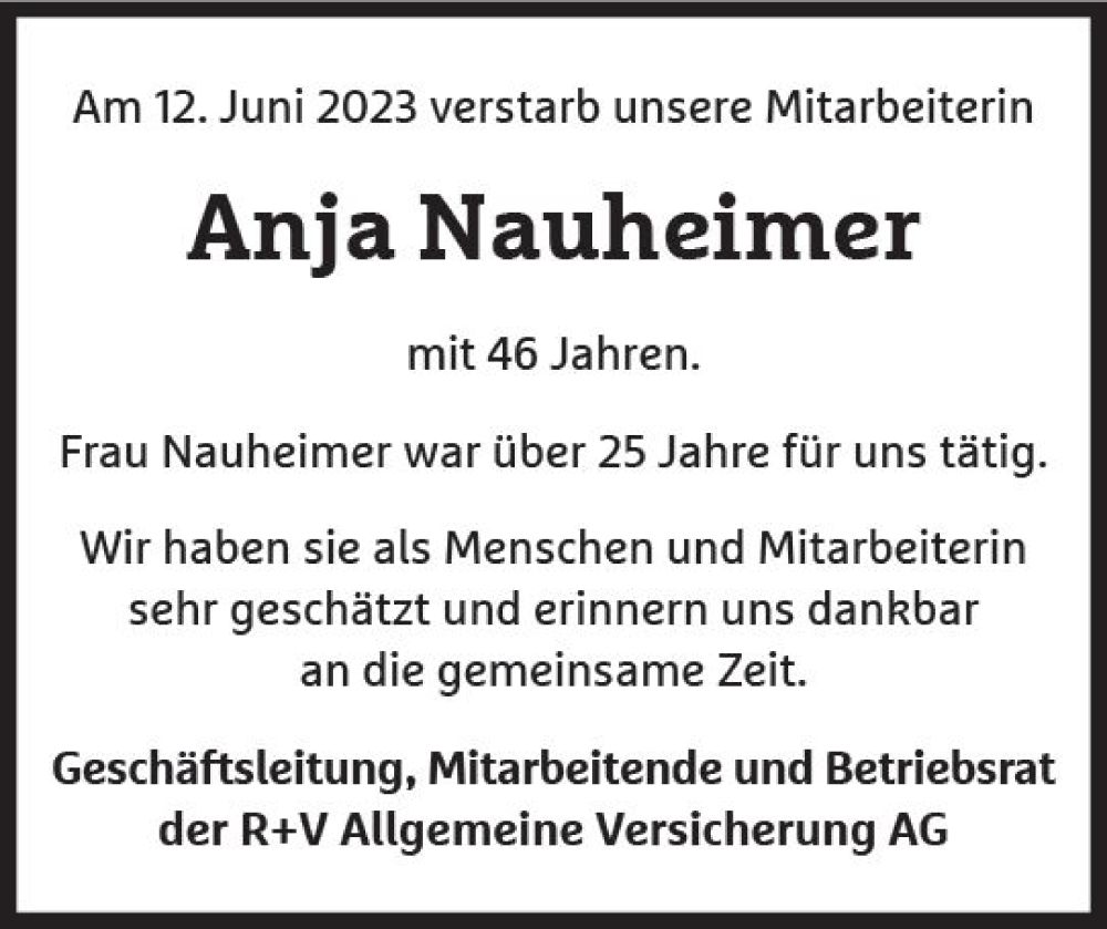  Traueranzeige für Anja Nauheimer vom 01.07.2023 aus Wiesbadener Kurier