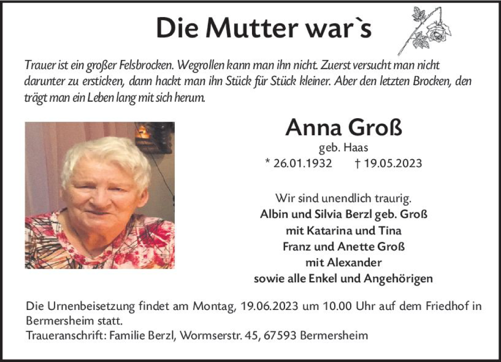 Traueranzeige für Anna Groß vom 17.06.2023 aus Allgemeine Zeitung Mainz