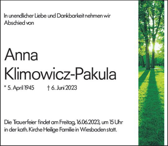 Traueranzeige von Anna Klimowicz-Pakula von Allgemeine Zeitung Mainz