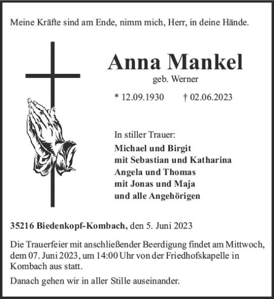 Traueranzeige von Anna Mankel von Hinterländer Anzeiger