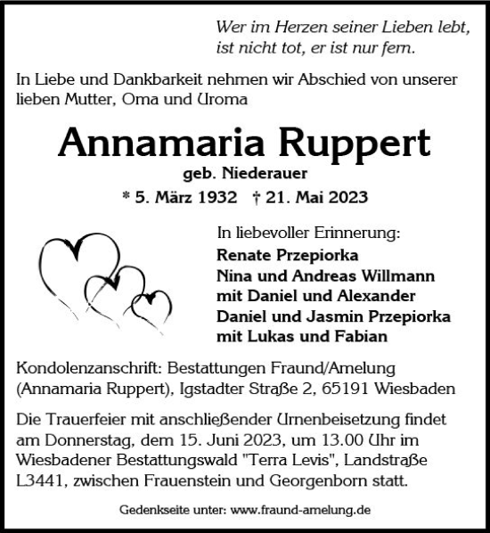 Traueranzeige von Annamaria Ruppert von Wiesbadener Kurier