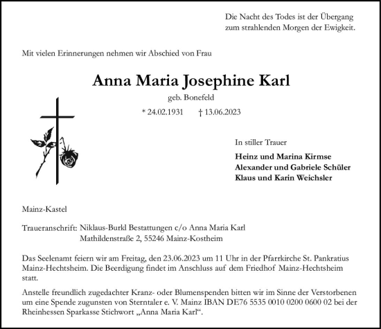 Traueranzeige von Anna Maria Josephine Karl von Allgemeine Zeitung Mainz