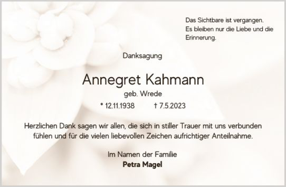  Traueranzeige für Annegret Kahmann vom 03.06.2023 aus Wiesbadener Kurier