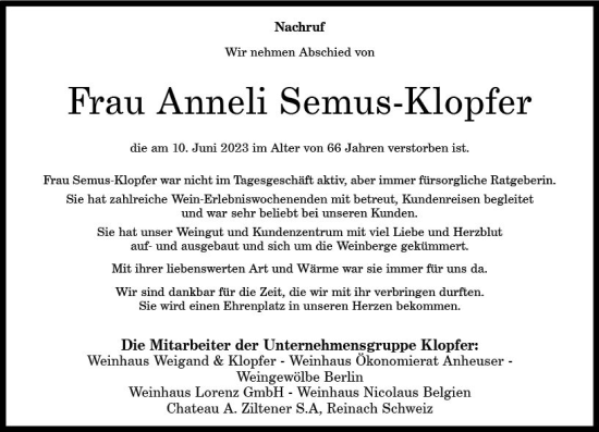Traueranzeige von Anneli Semus-Klopfer von Allgemeine Zeitung Bad Kreuznach