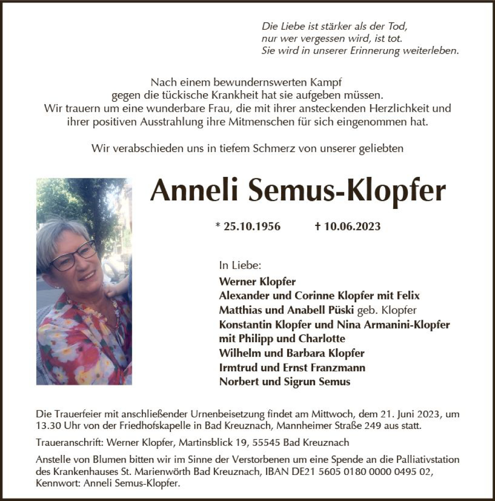 Traueranzeige für Anneli Semus-Klopfer vom 17.06.2023 aus Allgemeine Zeitung Bad Kreuznach