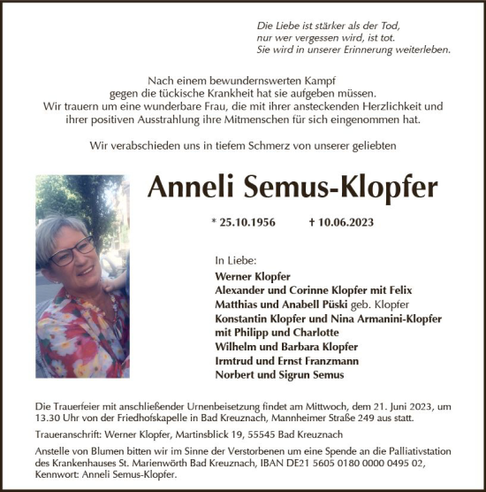 Traueranzeige von Anneli Semus-Klopfer von Allgemeine Zeitung Bad Kreuznach