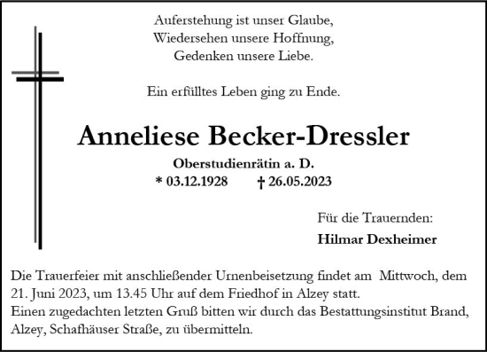 Traueranzeige von Anneliese Becker-Dressler von Allgemeine Zeitung Alzey