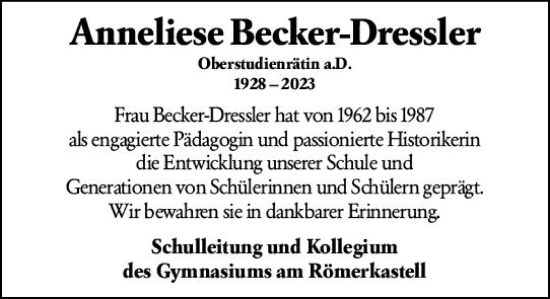 Traueranzeige von Anneliese Becker-Dressler von Allgemeine Zeitung Alzey