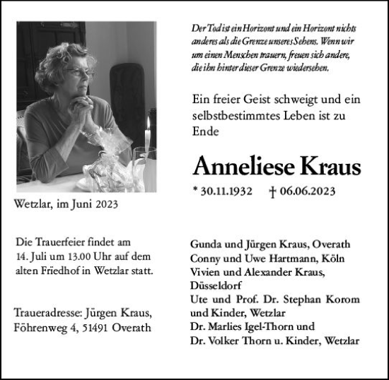 Traueranzeige von Anneliese Kraus von Wetzlarer Neue Zeitung