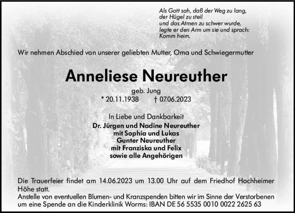  Traueranzeige für Anneliese Neureuther vom 10.06.2023 aus Wormser Zeitung