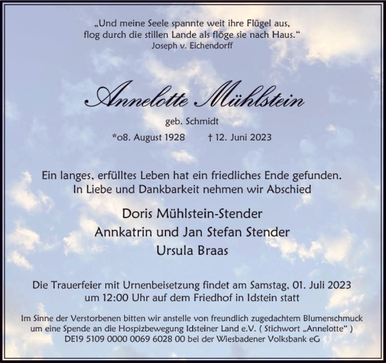 Traueranzeige von Annelotte Mühlstein von Idsteiner Land/Untertaunus