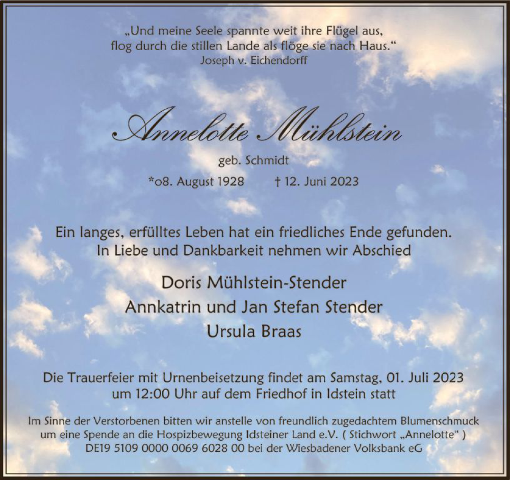  Traueranzeige für Annelotte Mühlstein vom 24.06.2023 aus Idsteiner Land/Untertaunus