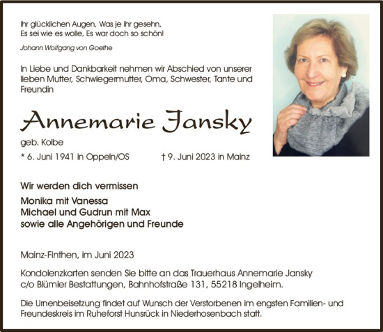 Traueranzeige von Annemarie Jansky von Allgemeine Zeitung Mainz