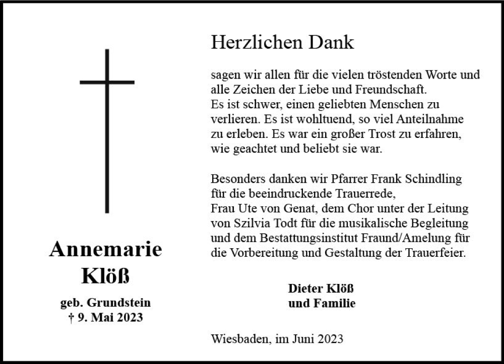  Traueranzeige für Annemarie Klöß vom 17.06.2023 aus Wiesbadener Kurier