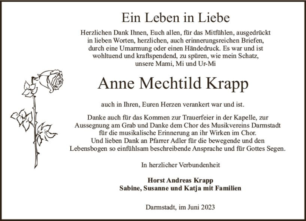  Traueranzeige für Anne Mechtild Krapp vom 17.06.2023 aus Darmstädter Echo