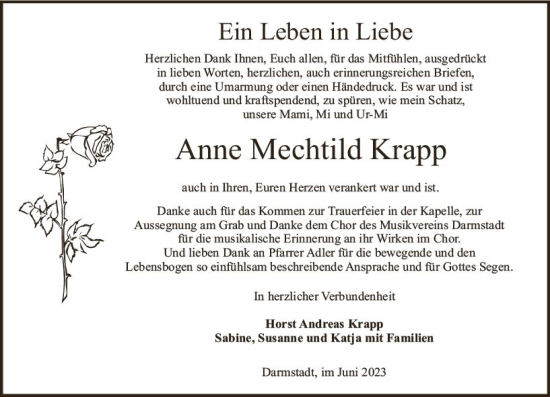 Traueranzeige von Anne Mechtild Krapp von Darmstädter Echo