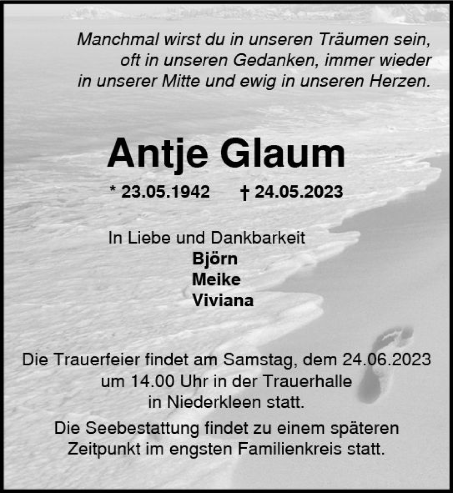  Traueranzeige für Antje Glaum vom 17.06.2023 aus Wetzlarer Neue Zeitung