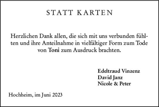 Traueranzeige von Anton Vinzenz von Hochheimer Zeitung