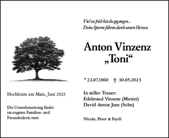 Traueranzeige von Anton Vinzenz von Hochheimer Zeitung