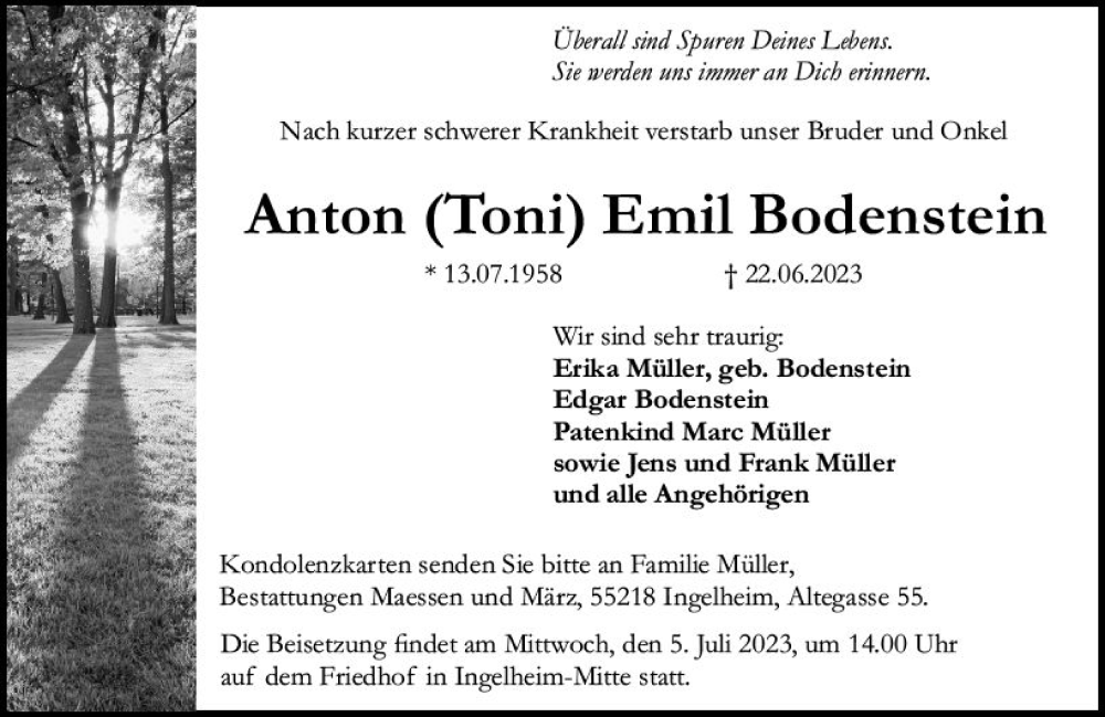  Traueranzeige für Anton Emil Bodenstein vom 27.06.2023 aus Allgemeine Zeitung Bingen/Ingelheim