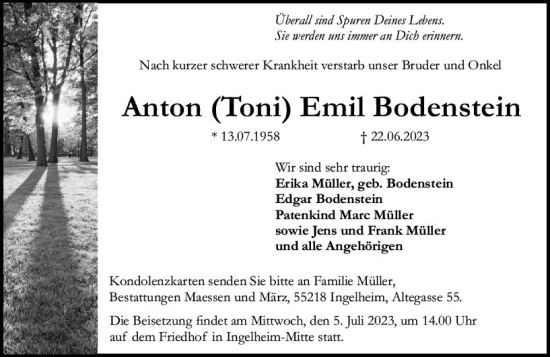 Traueranzeige von Anton Emil Bodenstein von Allgemeine Zeitung Bingen/Ingelheim