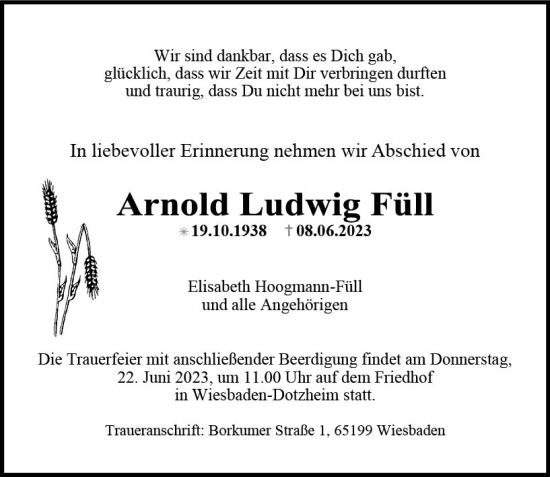 Traueranzeige von Arnold Ludwig Füll von Wiesbadener Kurier