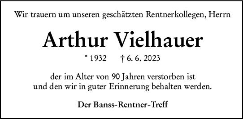  Traueranzeige für Arthur Vielhauer vom 16.06.2023 aus Hinterländer Anzeiger