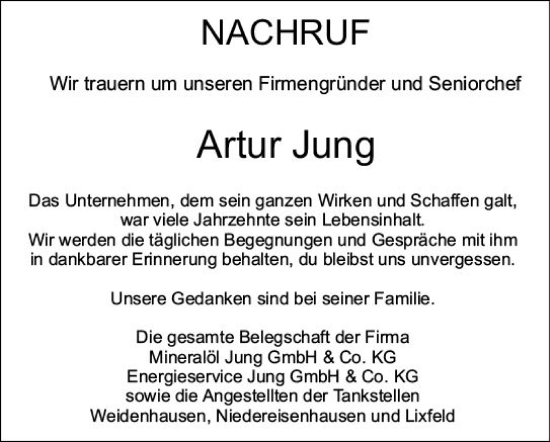 Traueranzeige von Artur Jung von Hinterländer Anzeiger