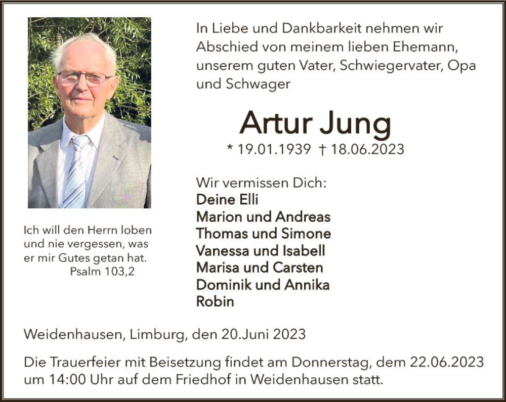  Traueranzeige für Artur Jung vom 20.06.2023 aus Hinterländer Anzeiger