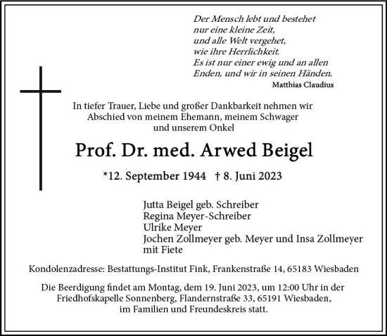 Traueranzeige von Arwed Beigel von Wiesbadener Kurier