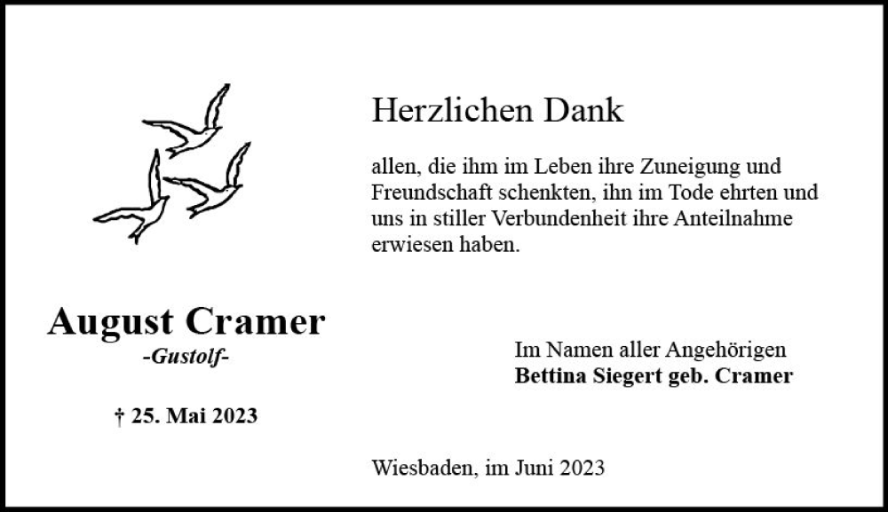  Traueranzeige für August Cramer vom 24.06.2023 aus Wiesbadener Kurier