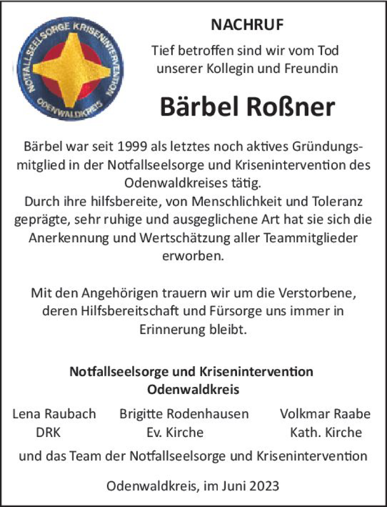  Traueranzeige für Bärbel Roßner vom 24.06.2023 aus Odenwälder Echo
