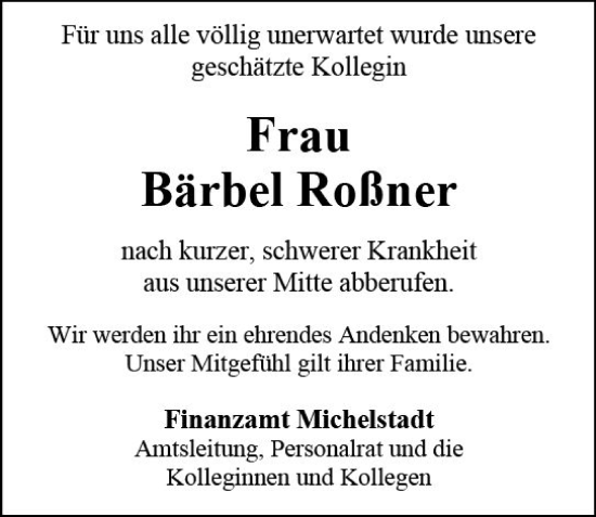 Traueranzeige von Bärbel Roßner von Odenwälder Echo