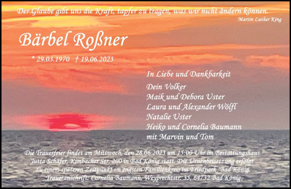  Traueranzeige für Bärbel Roßner vom 24.06.2023 aus Odenwälder Echo