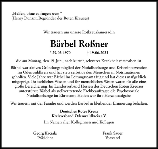 Traueranzeige von Bärbel Roßner von Odenwälder Echo